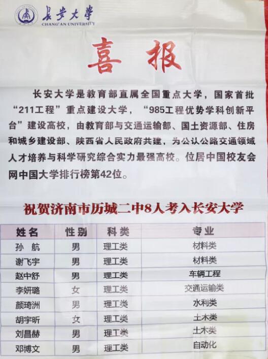 历城二中收到长安大学发来的喜报